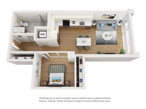Floor plan for 1 bed, 1 bath, 667 sqft